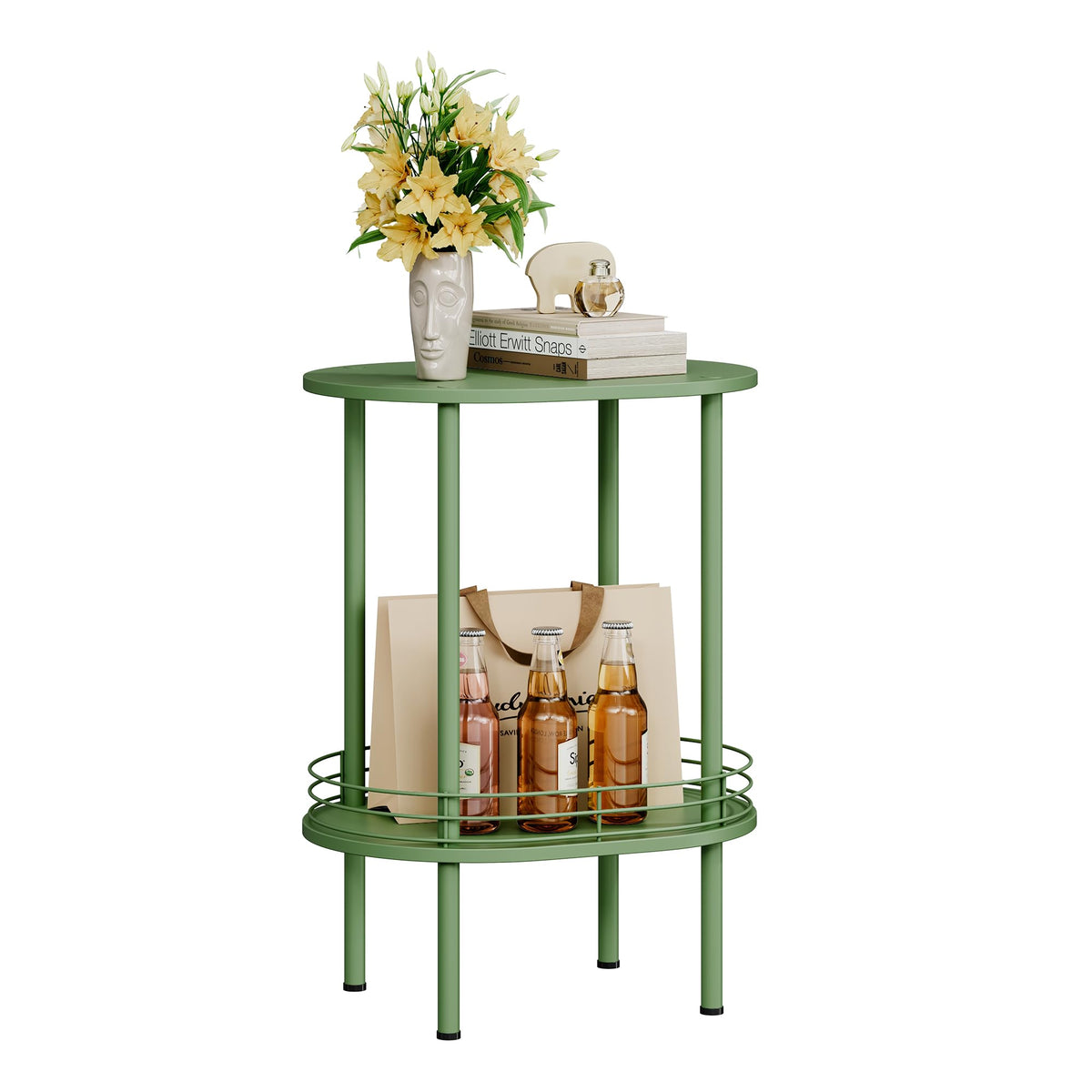 Oval Side Table with Storage, 2-Tier Green End Table K968719