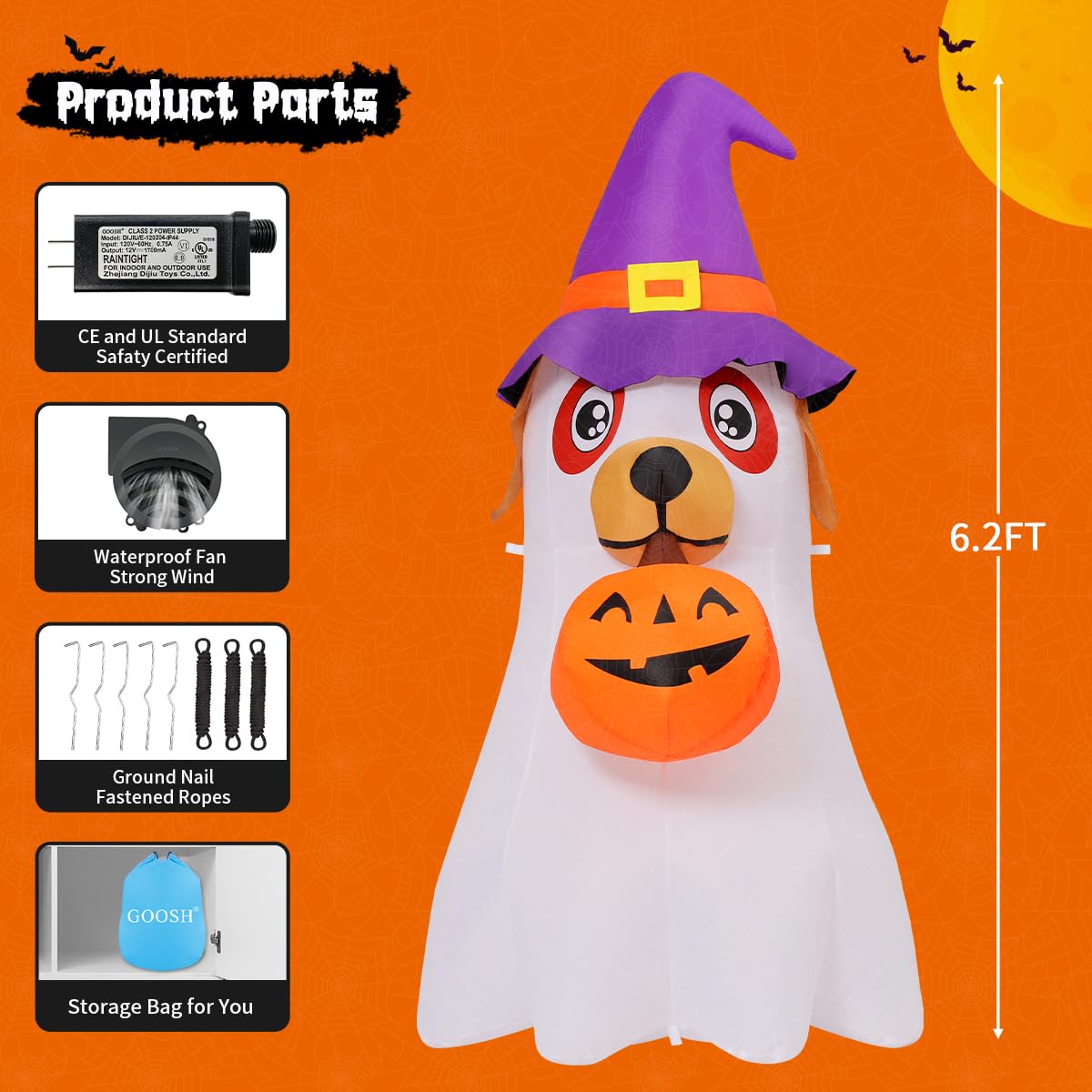6.2 FT Halloween Inflatables Dog with Pumpkin Built-in LEDs K867880