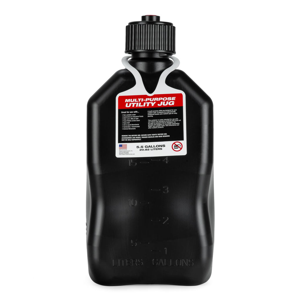 5.5 Gallon Square Motorsport Jug Black with Filler Hoses 4 Pack O706