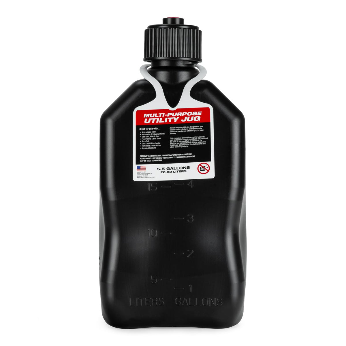 5.5 Gallon Square Motorsport Jug Black with Filler Hoses 4 Pack O706