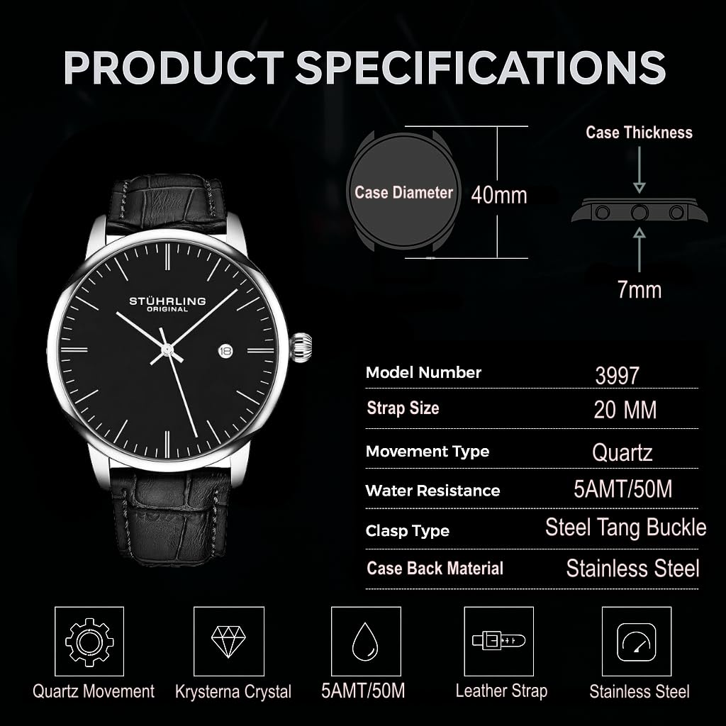 Men's 40mm Ultra Slim Leather Strap Quartz Analog Dress Watch L2638