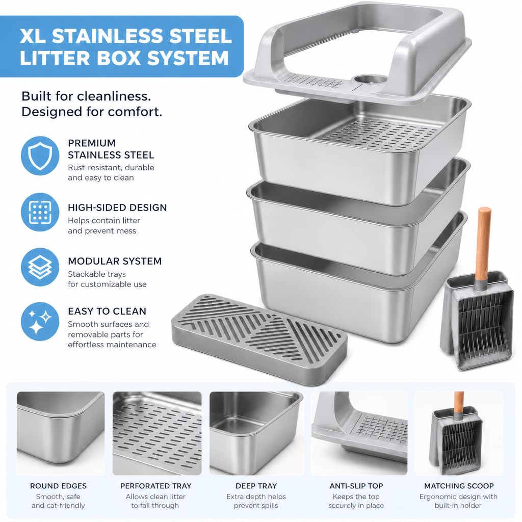 XL Stainless Steel Sifting Cat Litter Box with High Sides R7169