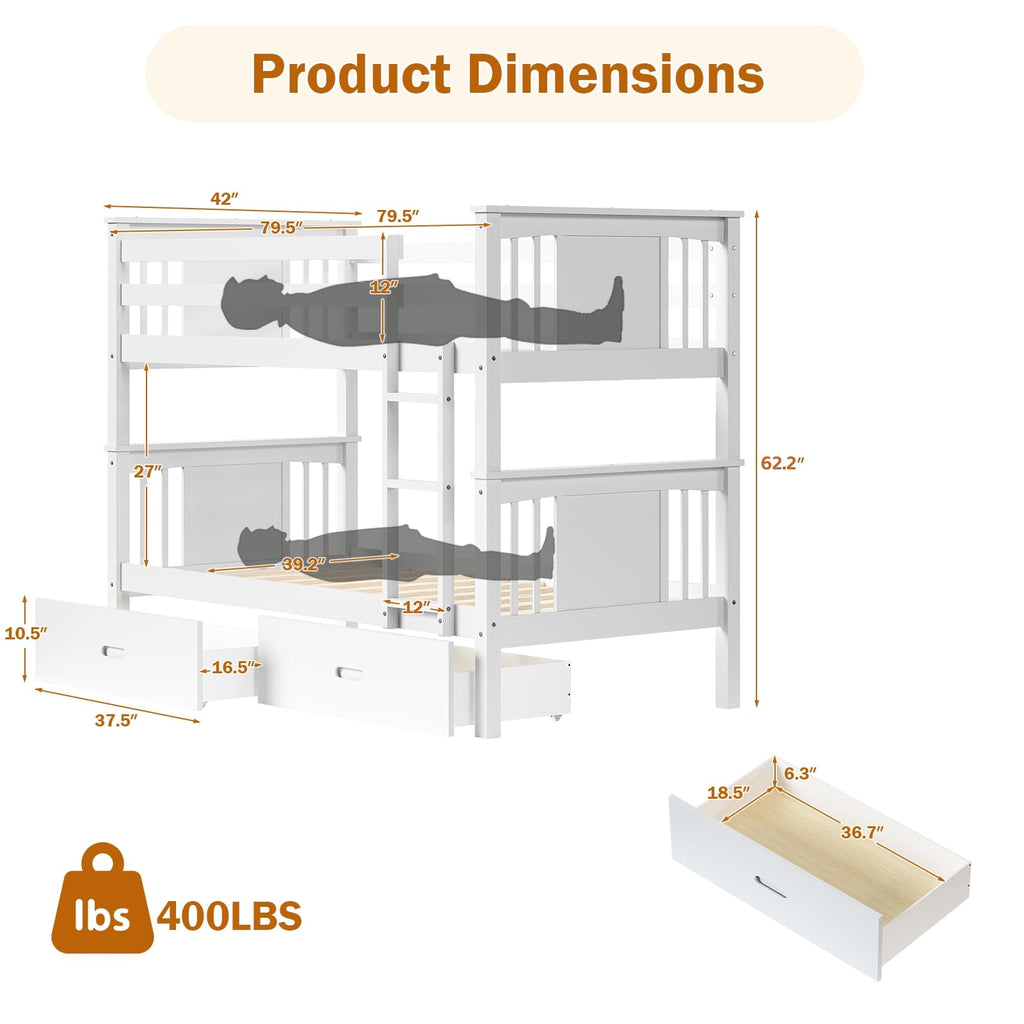 Solid Wood Twin-Over-Twin Bunk Bed with 2 Storage Drawers A1457