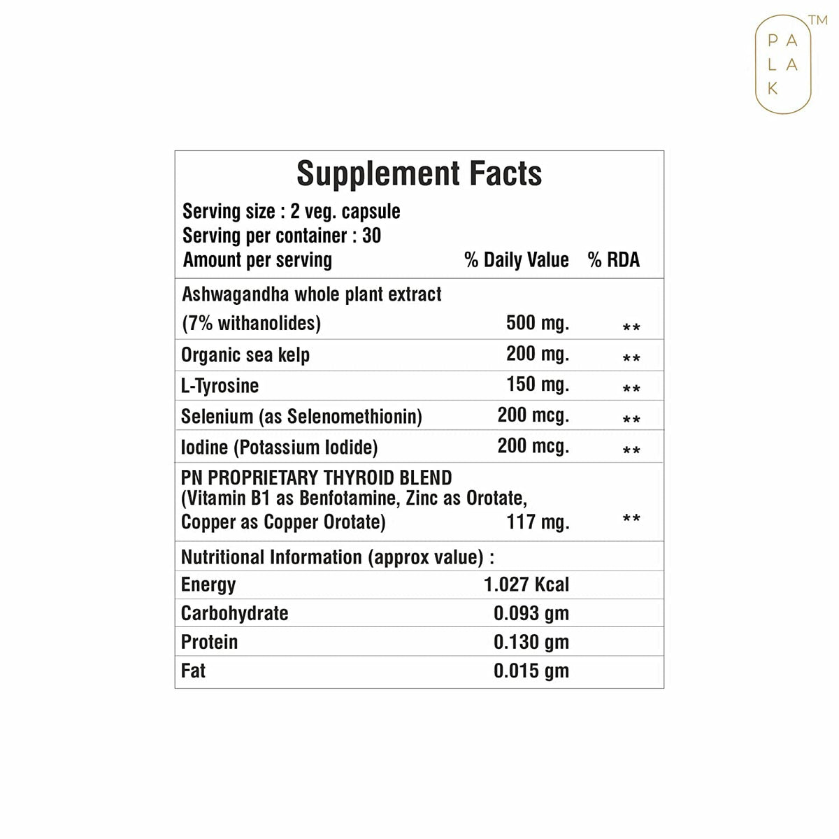 Selenium Sea Kelp L-Tyrosine Zinc Ashwagandha B1 60 Capsules T979627