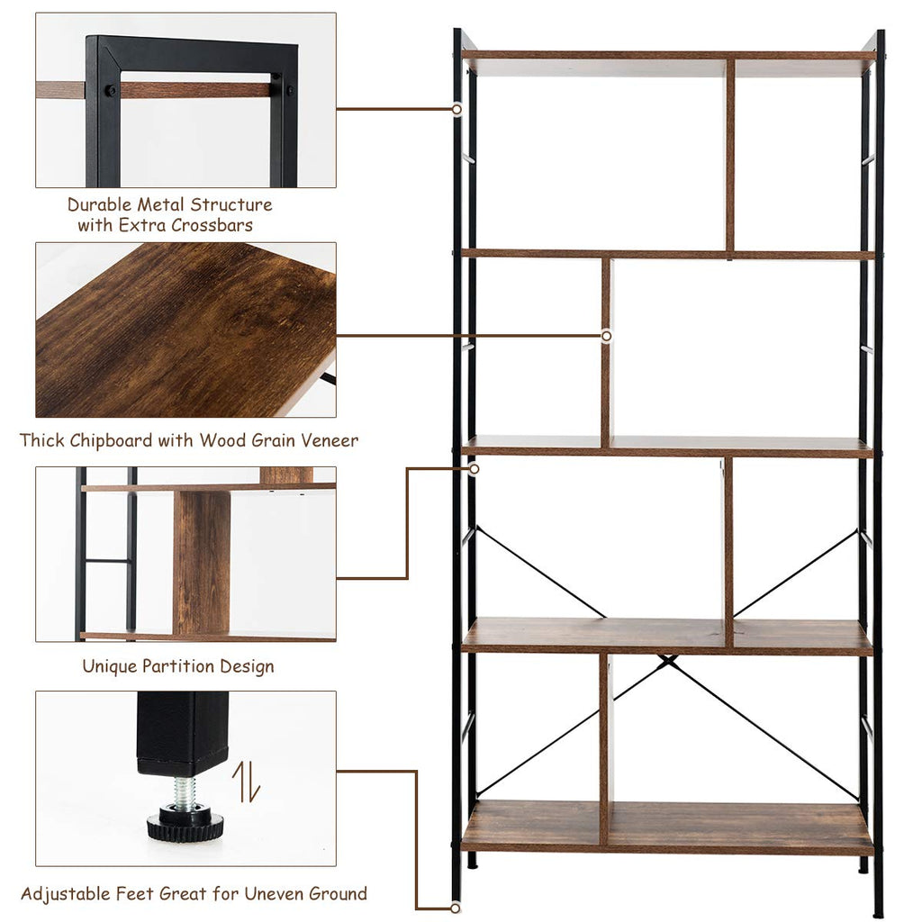 5-Tier Wood Bookshelf with Metal Frame W112