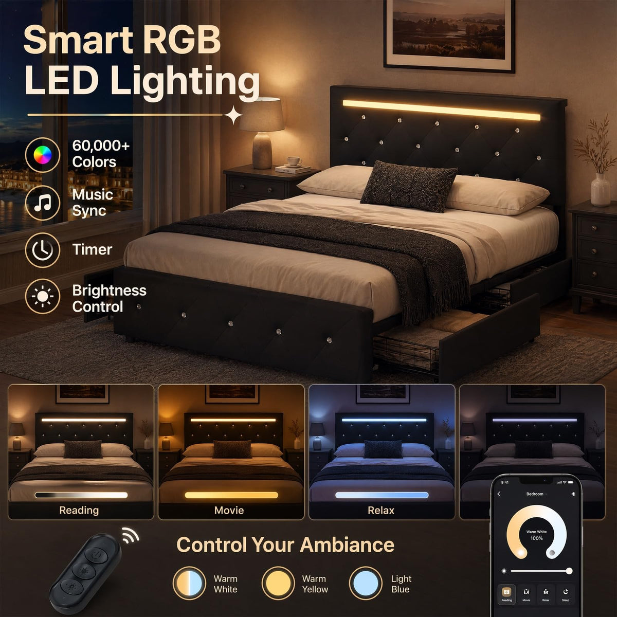 Full Upholstered Bed Frame with 4 Storage Drawers & Headboard R74278