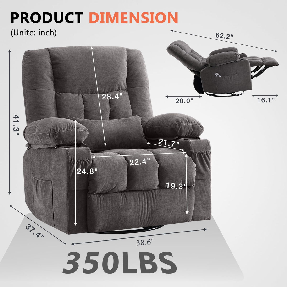 Swivel Rocker Recliner Chair with Massage and Heat K315403