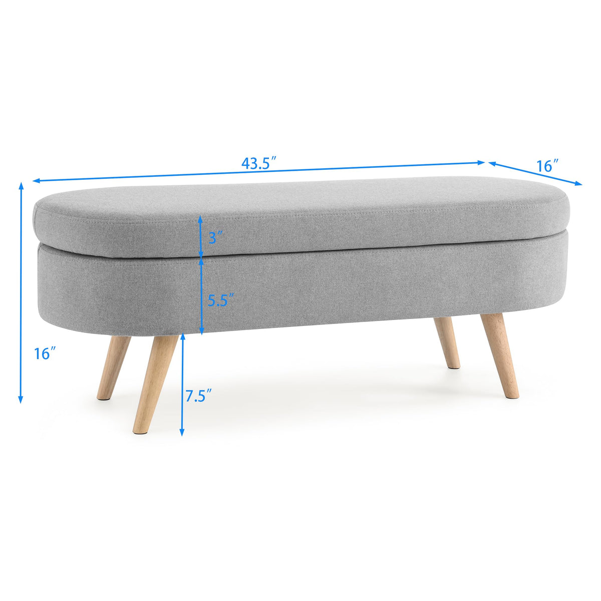 Oval Storage Bench with Linen Fabric and Rubber Wood Legs Grey Q76654