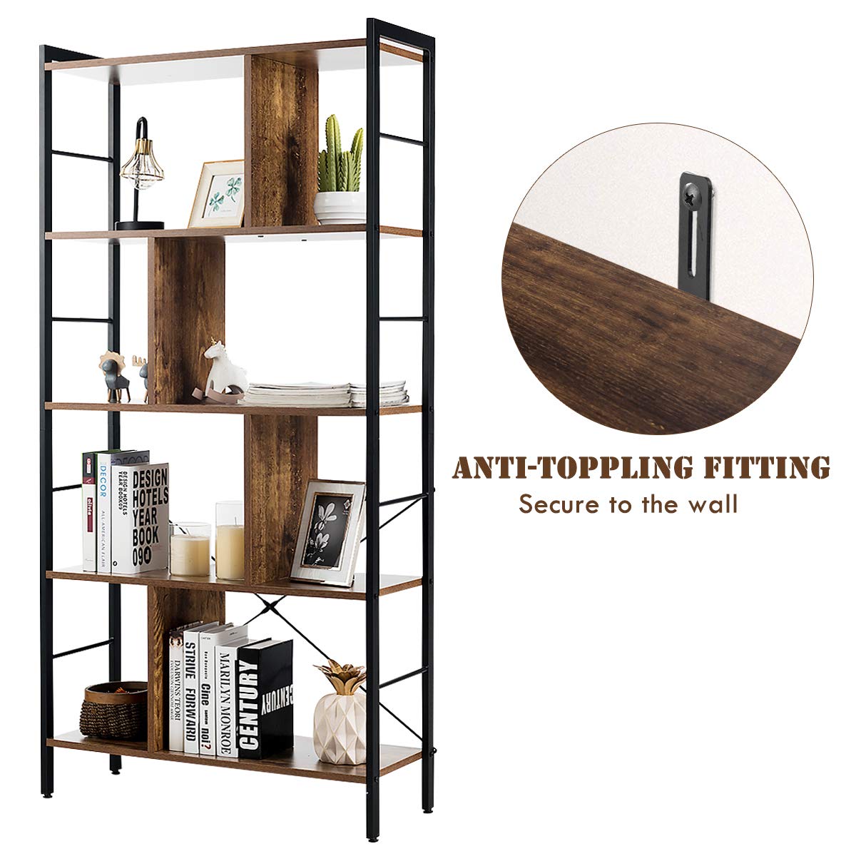 5-Tier Wood Bookshelf with Metal Frame W112