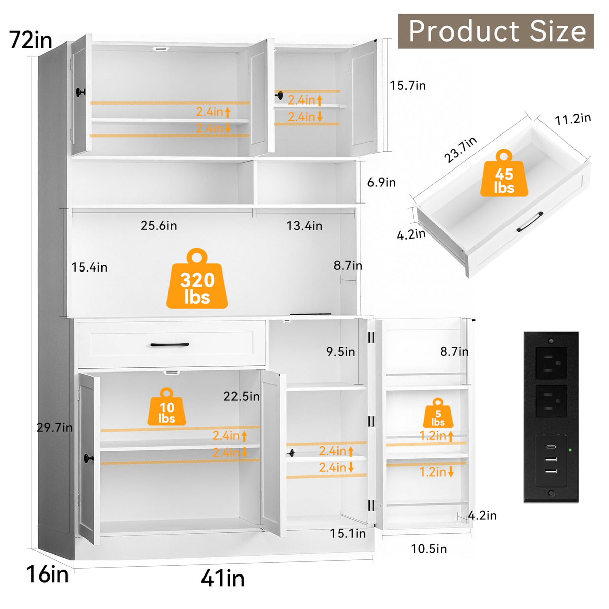72" Kitchen Pantry Cabinet with LED Light and Charging Station B40744