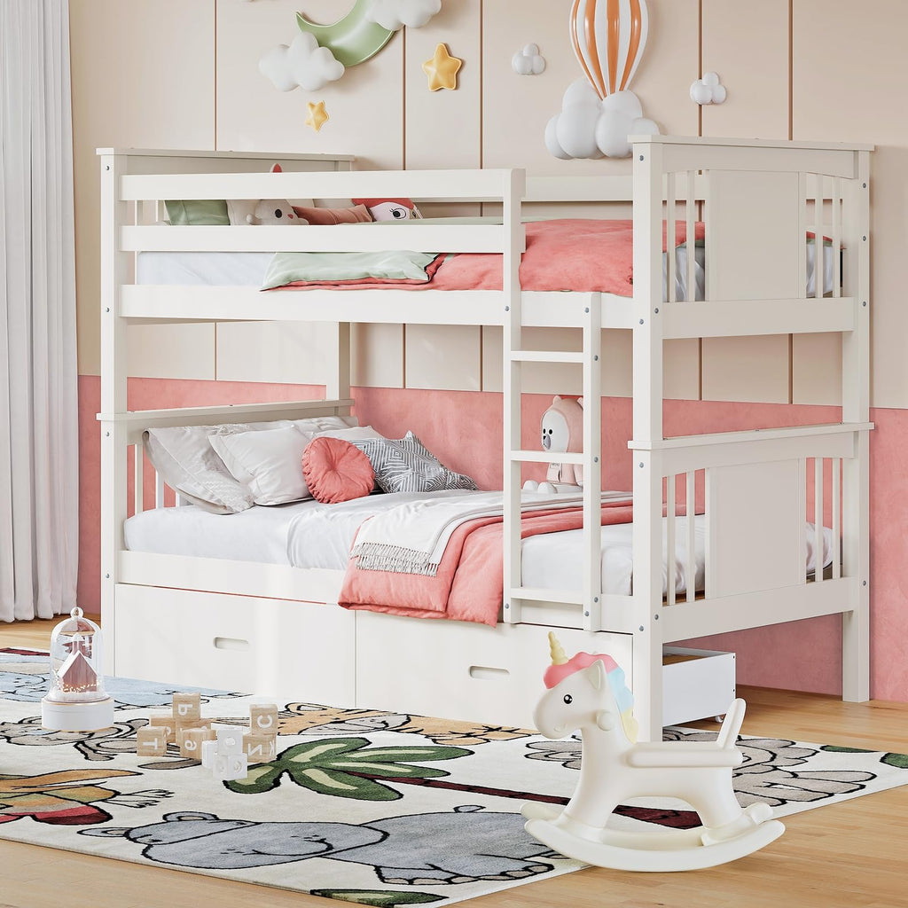 Solid Wood Twin-Over-Twin Bunk Bed with 2 Storage Drawers A1457