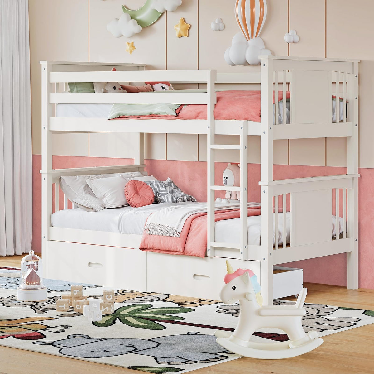 Solid Wood Twin-Over-Twin Bunk Bed with 2 Storage Drawers A1457