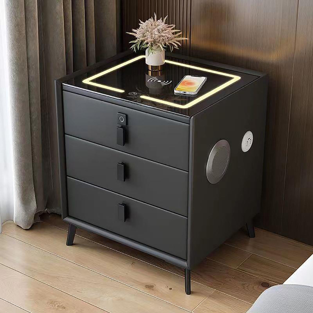 Smart Bedside Table with Fingerprint Reader and Wireless Charging Station D3892