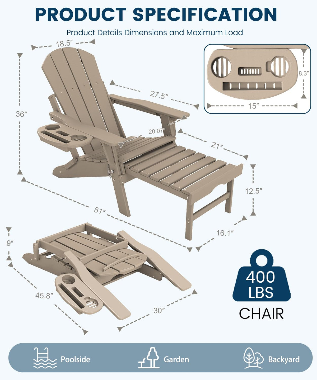 Folding Adjustable Adirondack Chair with Ottoman Set of 2 Y432