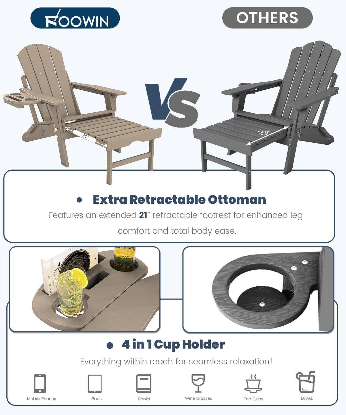 Folding Adjustable Adirondack Chair with Ottoman Set of 2 Y432