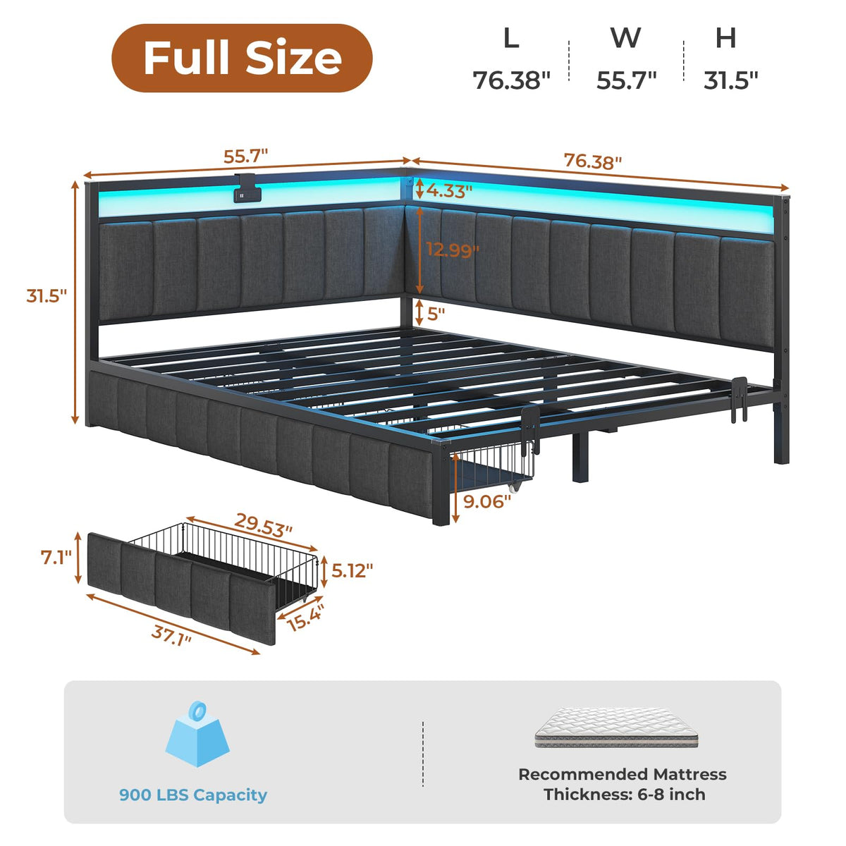 Full Size Corner Bed Frame with 2 Storage Drawers and Charging Station I882