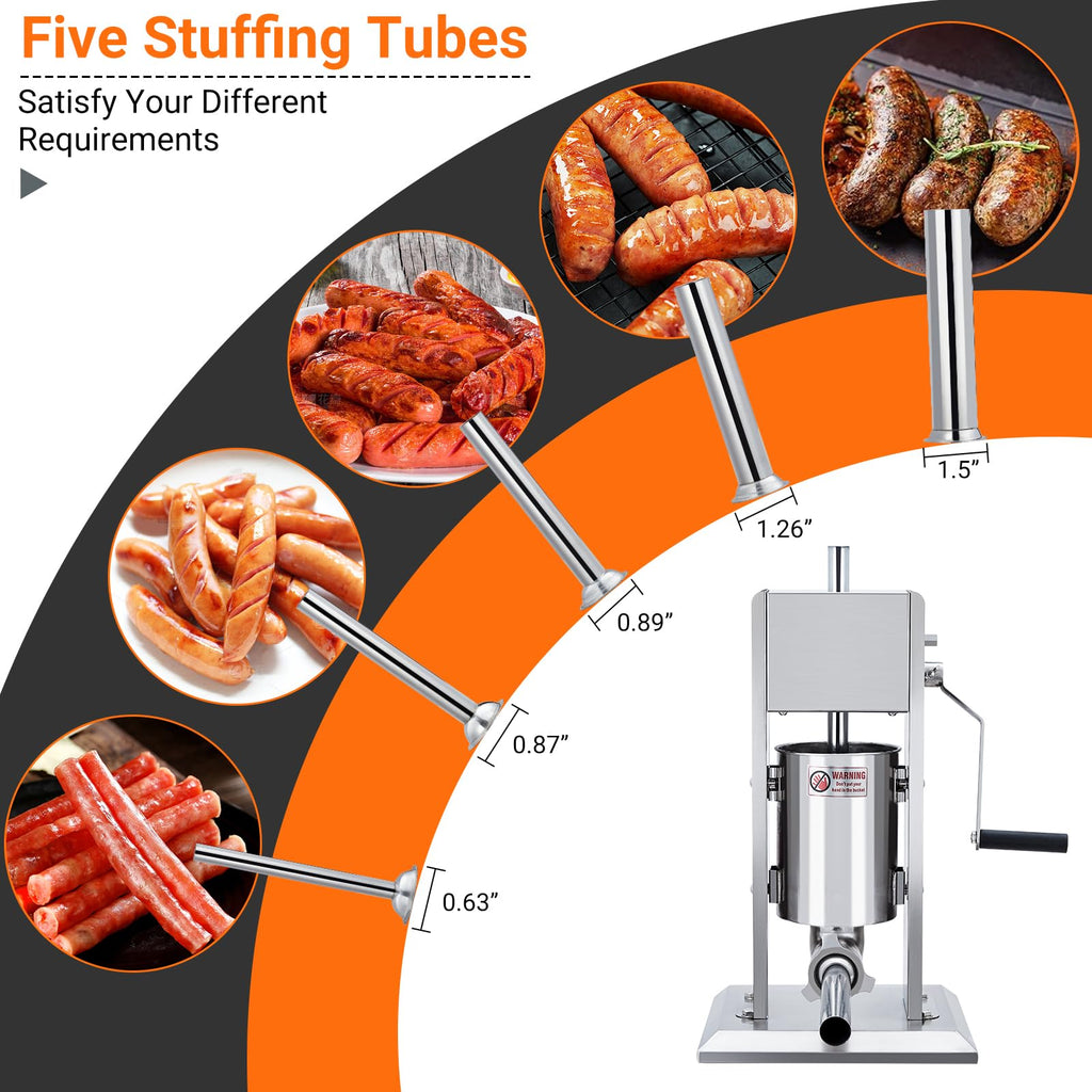 Manual Stainless Steel Sausage Stuffer with 5 Stuffing Tubes H2633