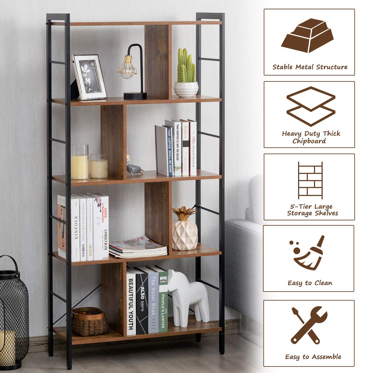 5-Tier Wood Bookshelf with Metal Frame W112
