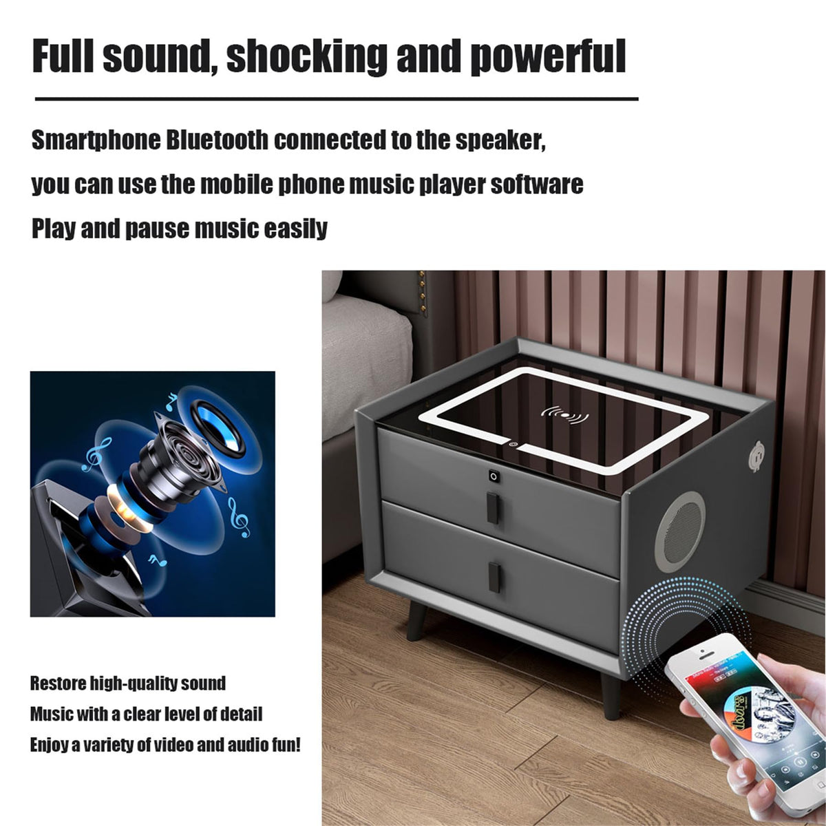 Smart Bedside Table with Fingerprint Reader and Wireless Charging Station D3892