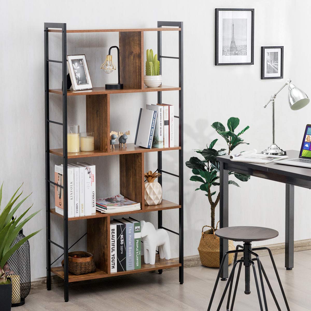 5-Tier Wood Bookshelf with Metal Frame W112