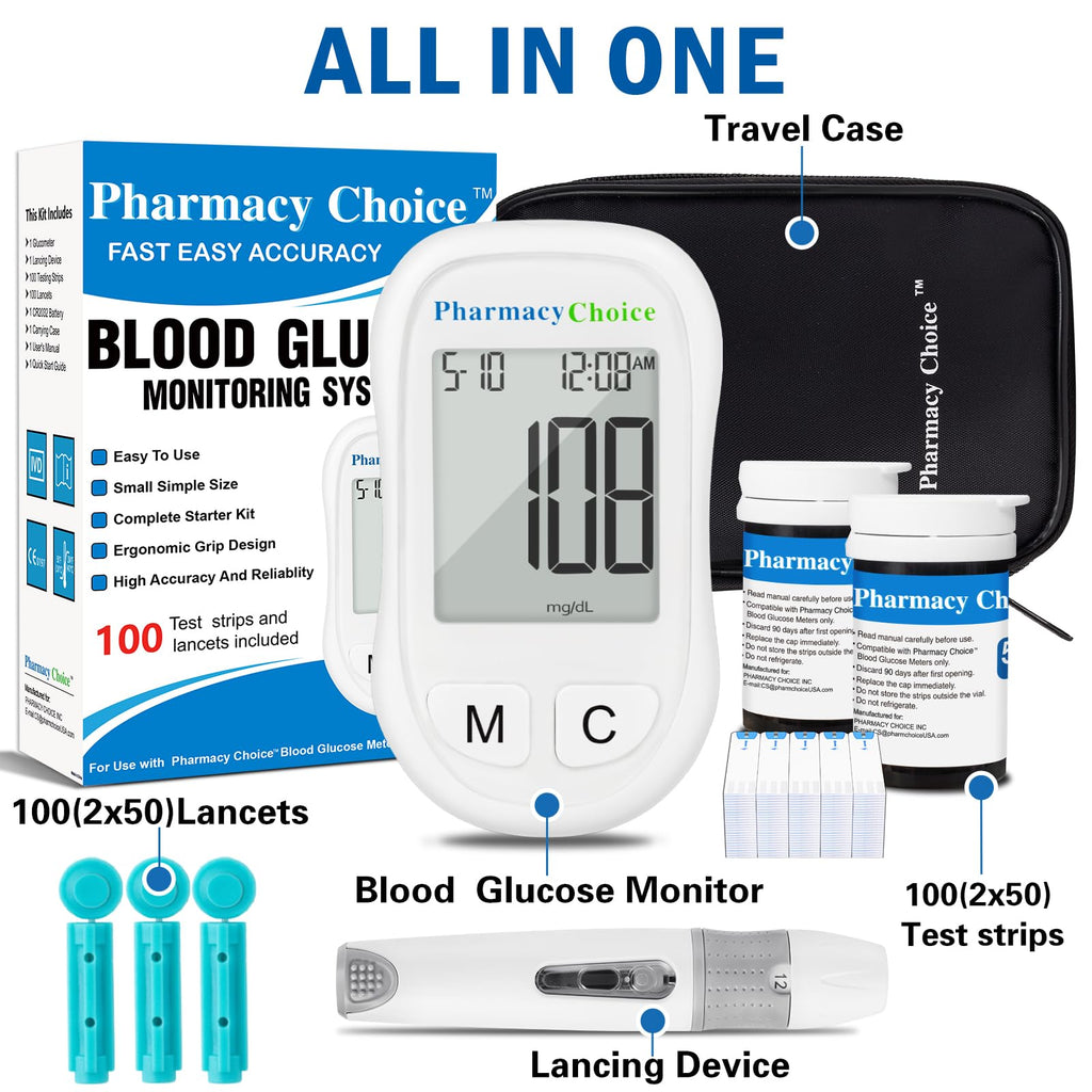 Blood Glucose Monitor Kit, 100 Strips, Meter, Lancing Device F696