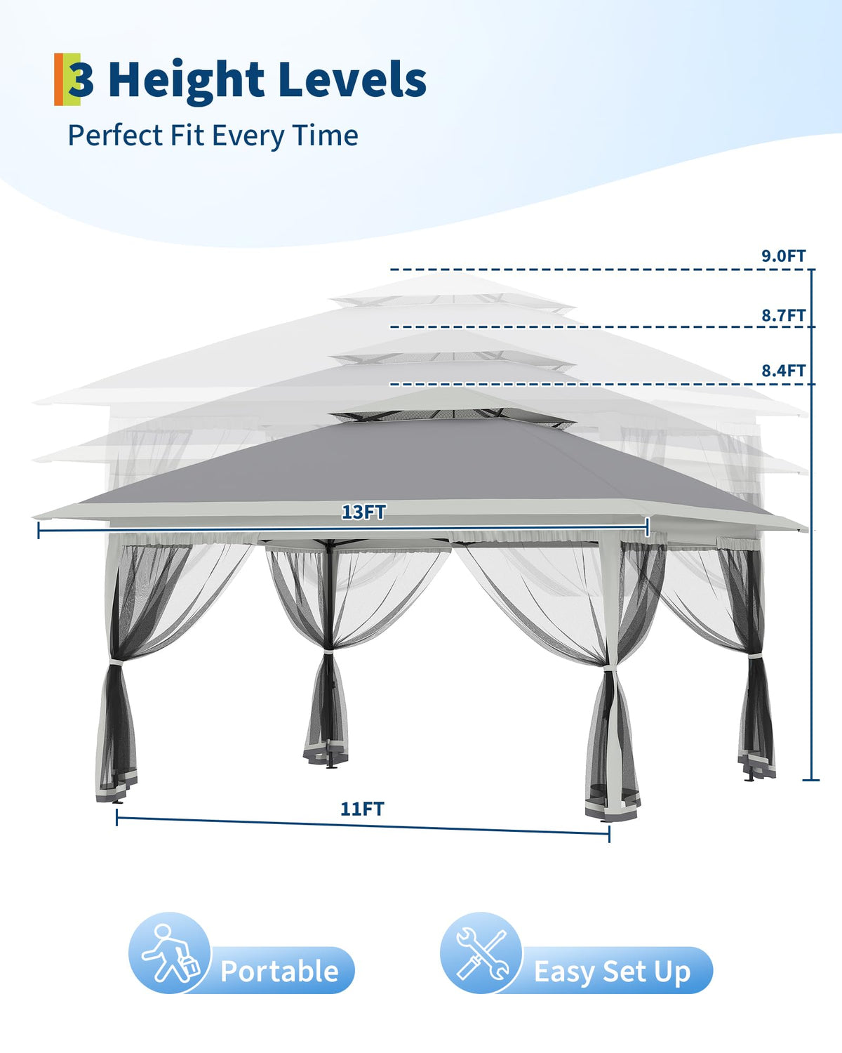 13x13FT Pop Up Gazebo with Mosquito Netting, Grey D8733