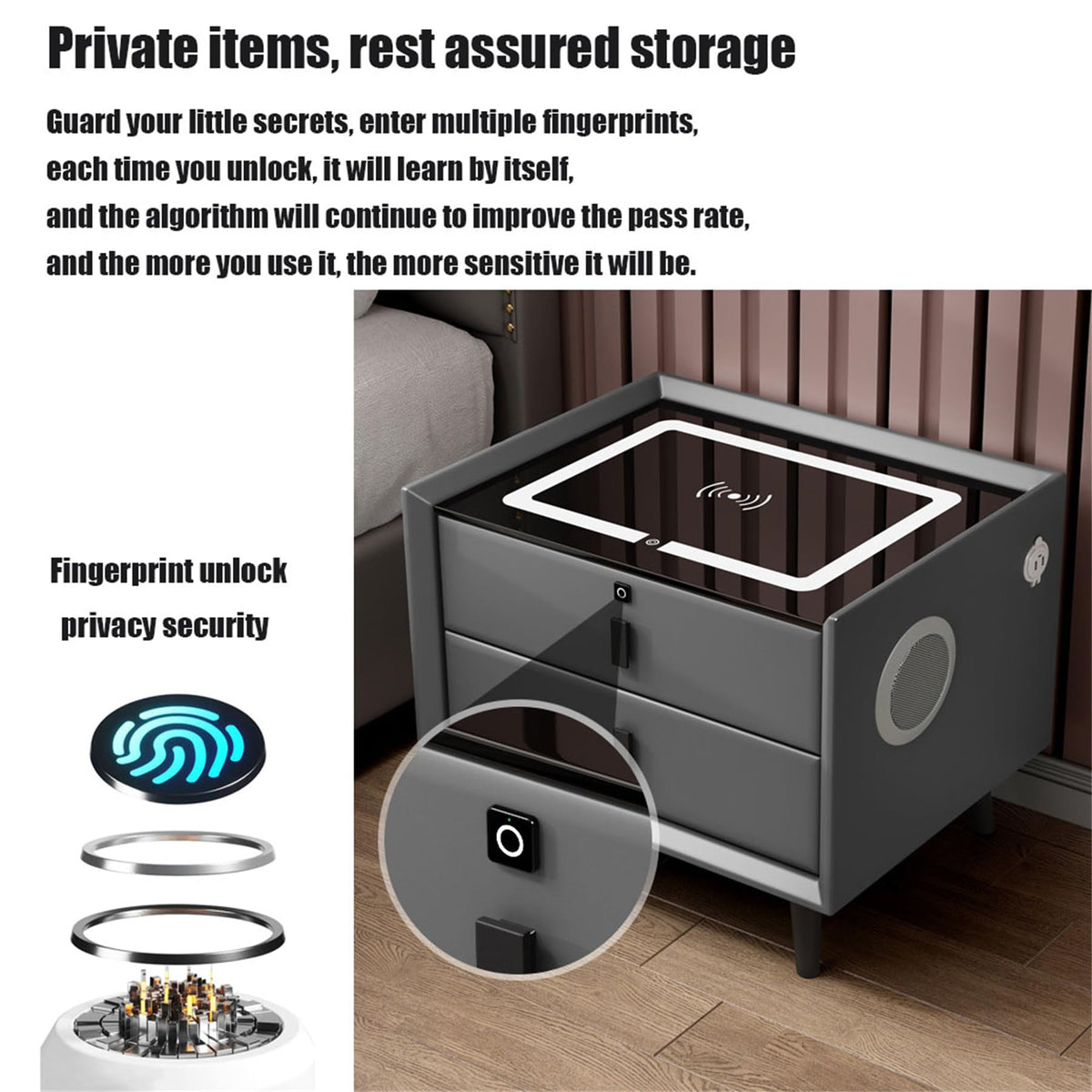 Smart Bedside Table with Fingerprint Reader and Wireless Charging Station D3892