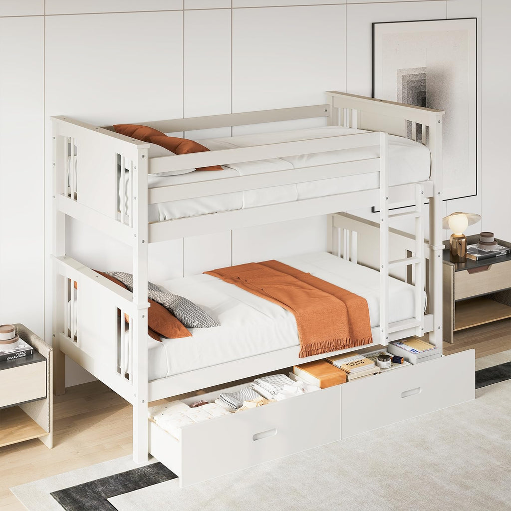 Solid Wood Twin-Over-Twin Bunk Bed with 2 Storage Drawers A1457