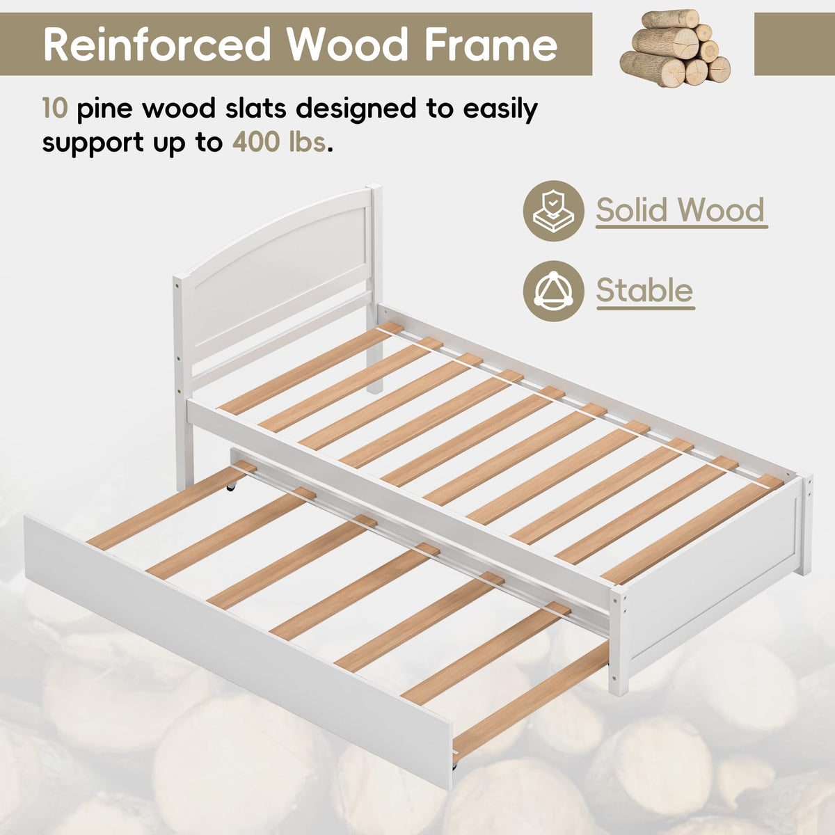White Twin Trundle Bed with Headboard B9688