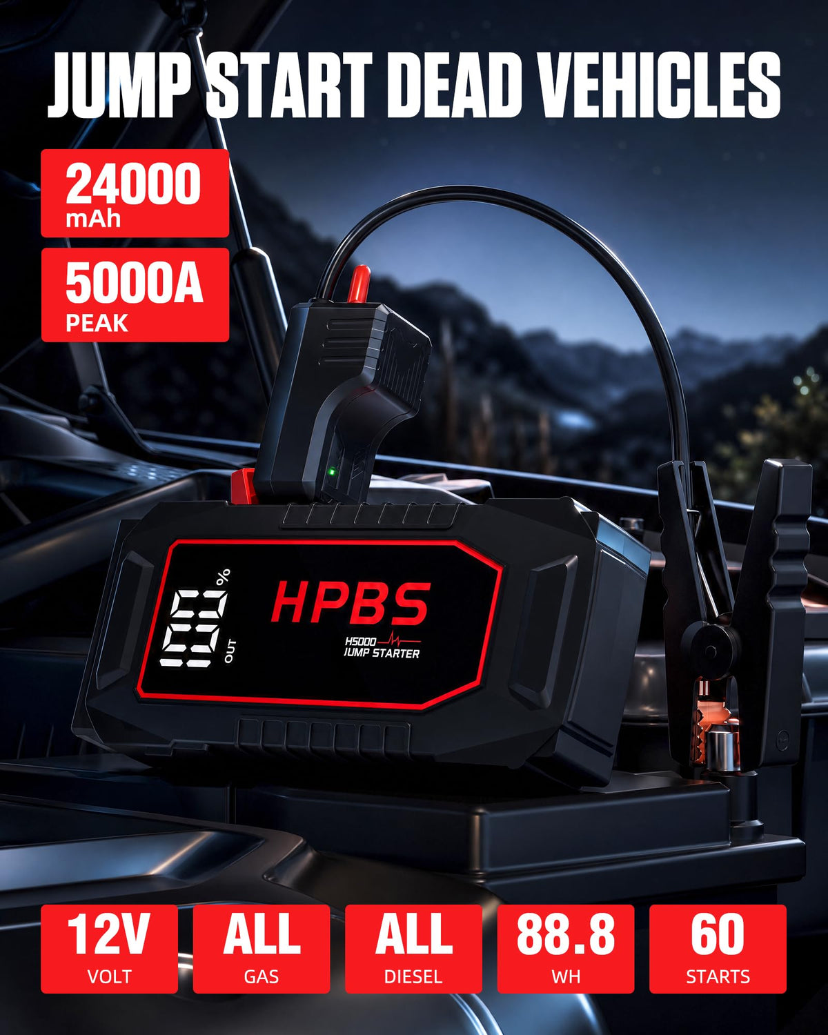5000A Peak 12V Portable Jump Starter with 3.0" LCD Display S8697
