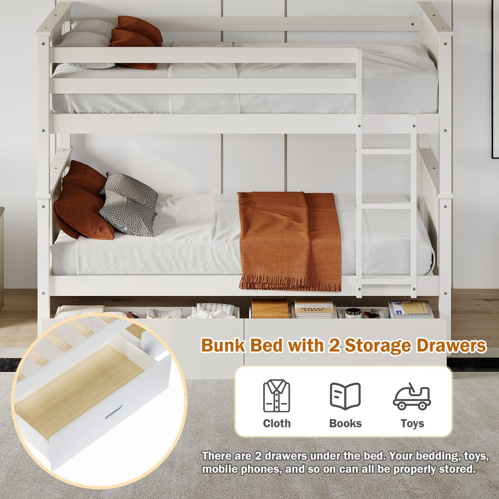 Solid Wood Twin-Over-Twin Bunk Bed with 2 Storage Drawers A1457
