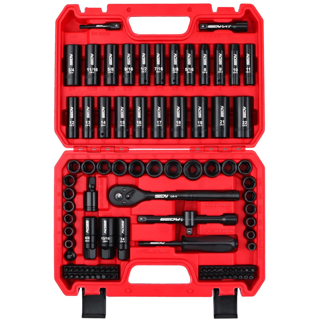 96-Piece 3/8" Drive Impact Socket Wrench and Bit Set, SAE & Metric, Cr-V Standard & Deep Sockets R807287