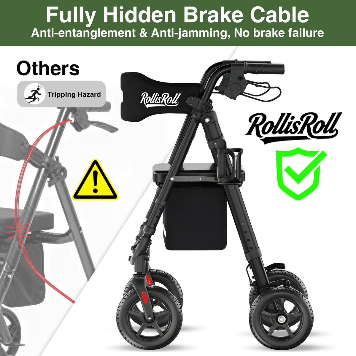 Lightweight Foldable Rollator Walker with 8" Rubber Wheels, 350lb Capacity, Black J47683