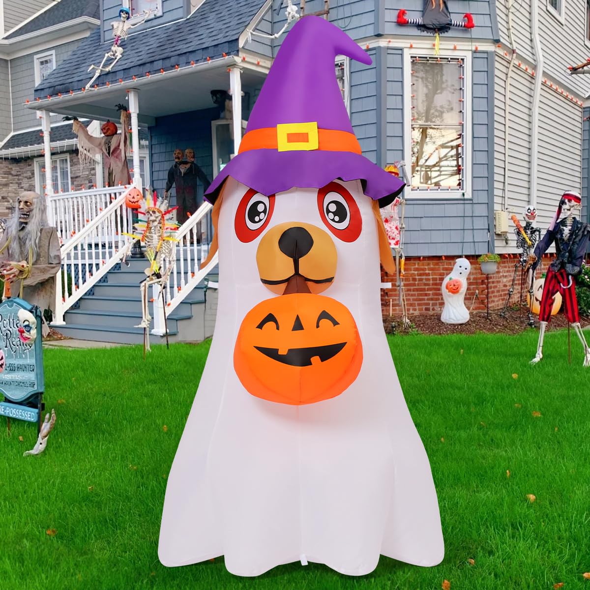 6.2 FT Halloween Inflatables Dog with Pumpkin Built-in LEDs K867880