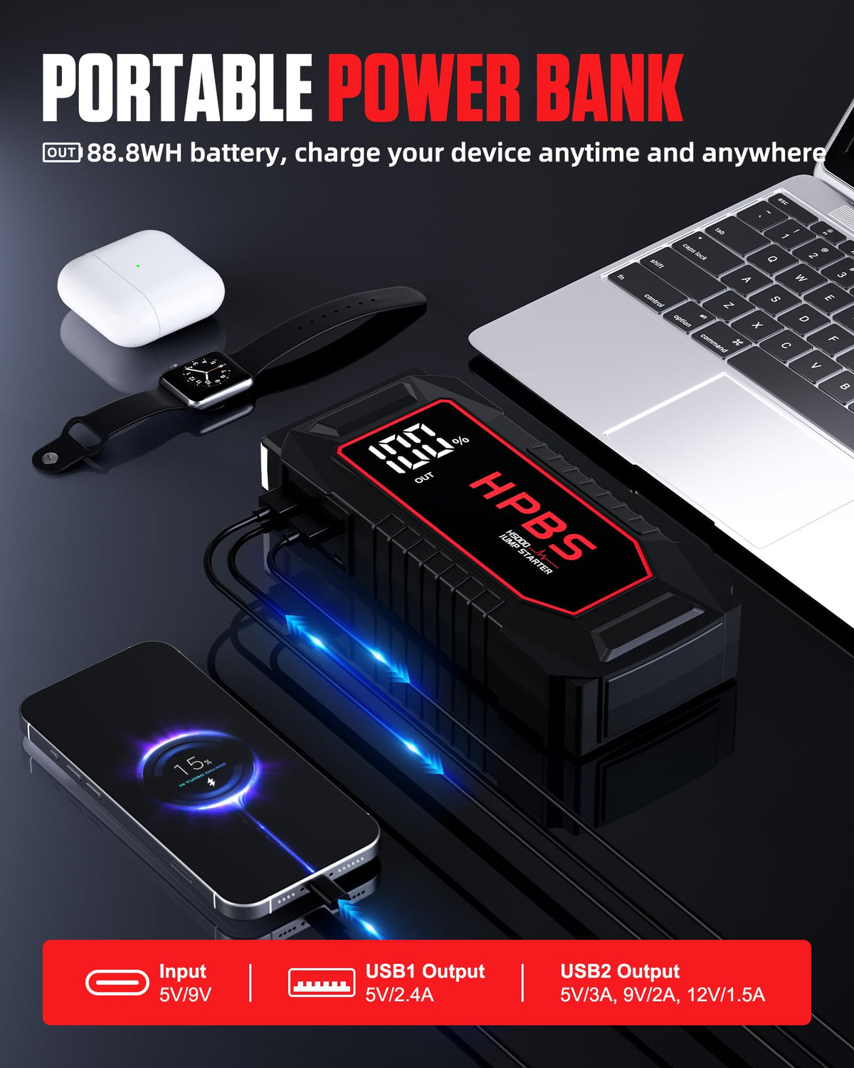 5000A Peak 12V Portable Jump Starter with 3.0" LCD Display S8697