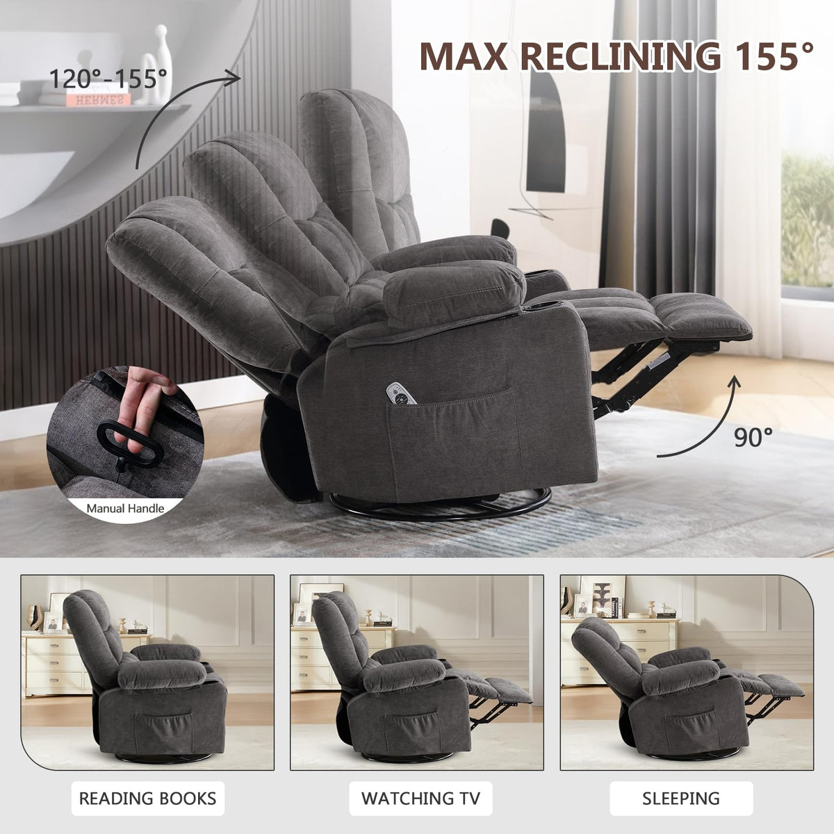 Swivel Rocker Recliner Chair with Massage and Heat K315403