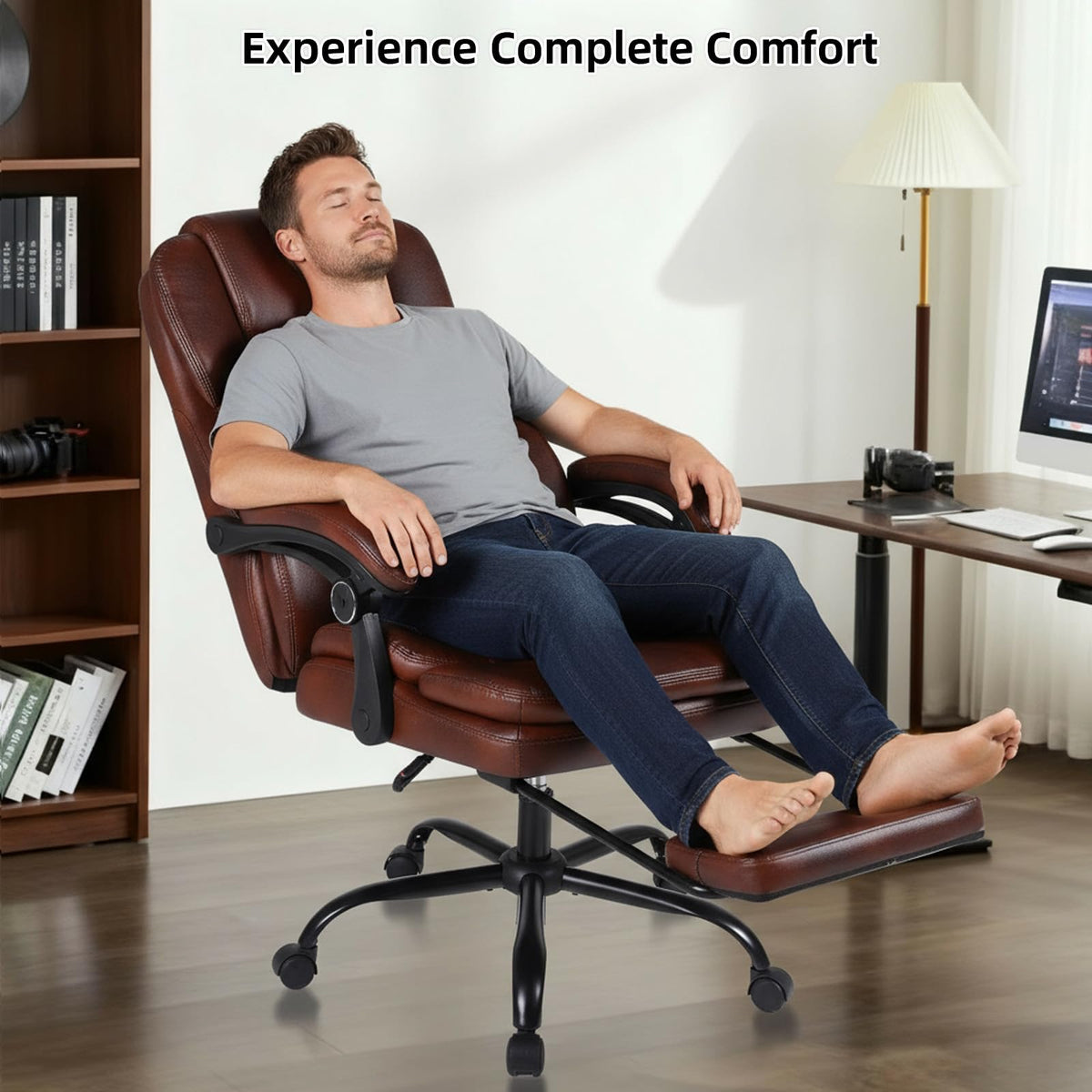 Big and Tall Ergonomic High Back PU Leather Reclining Office Chair with Footrest T83113