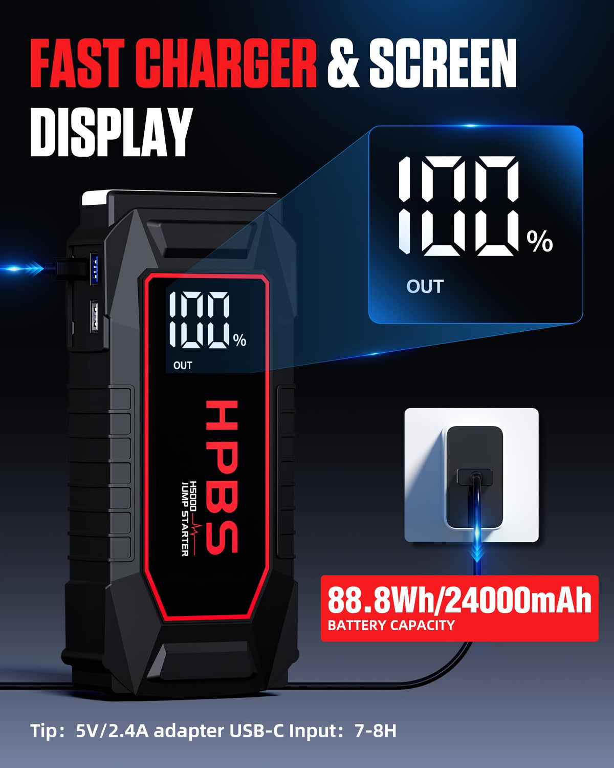 5000A Peak 12V Portable Jump Starter with 3.0" LCD Display S8697