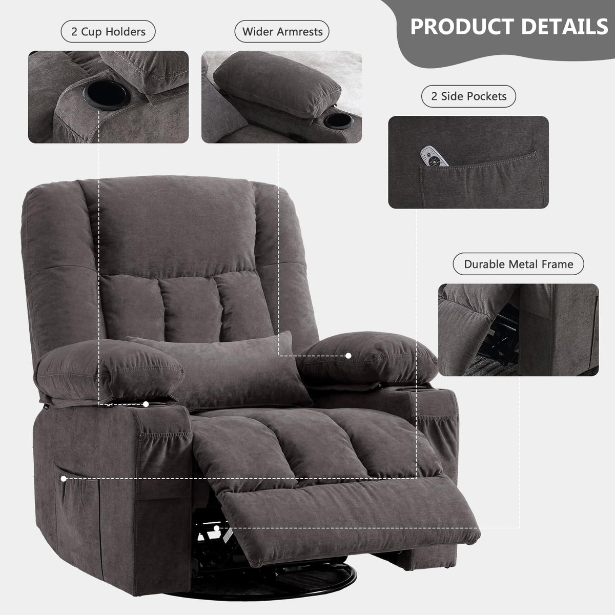 Swivel Rocker Recliner Chair with Massage and Heat K315403