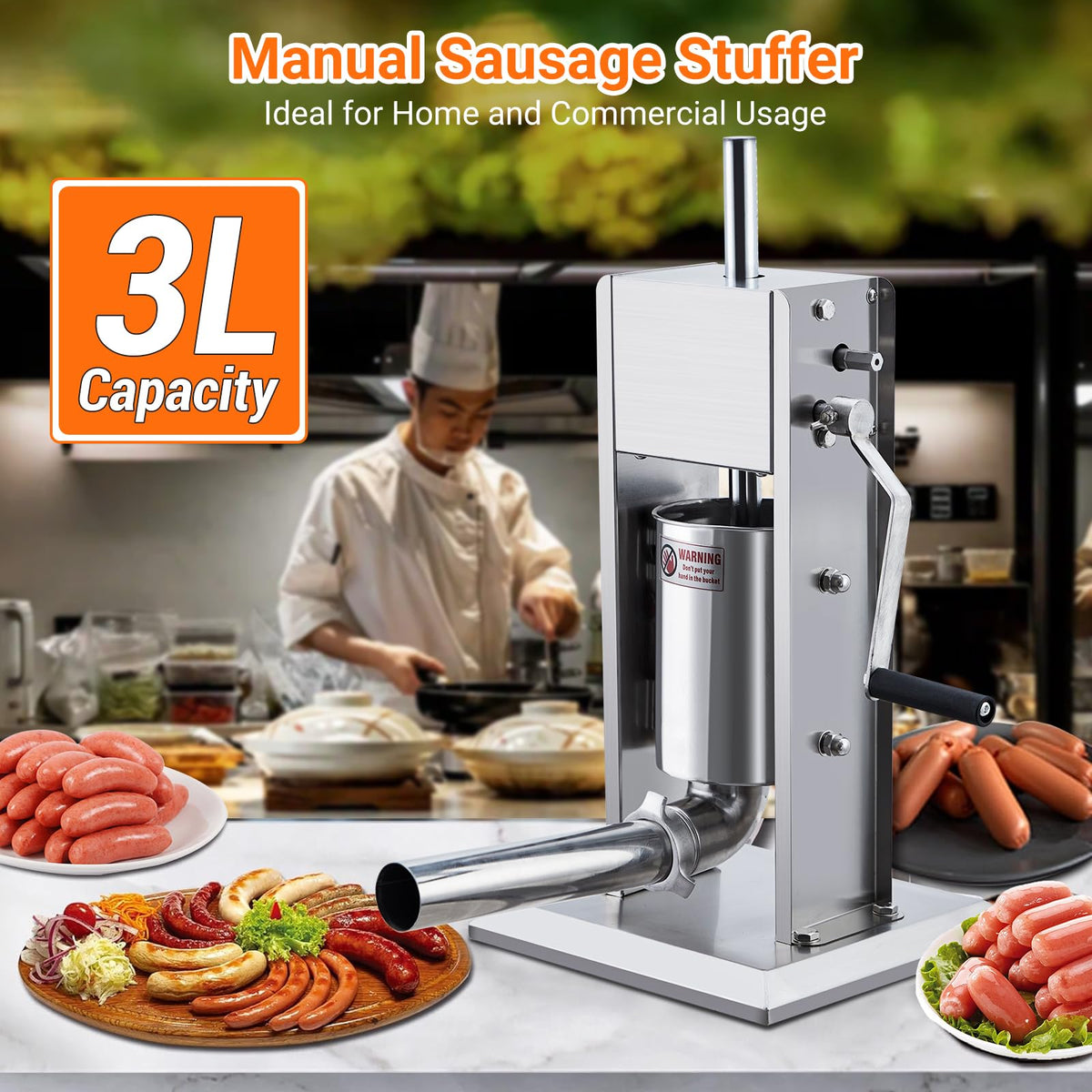Manual Stainless Steel Sausage Stuffer with 5 Stuffing Tubes H2633