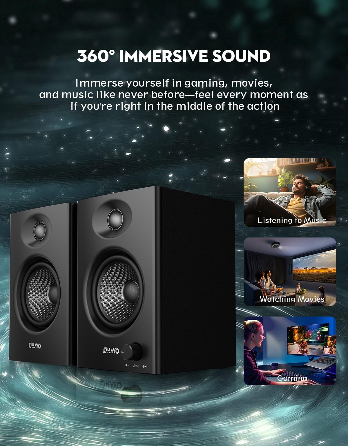 60W Bluetooth 5.3 Stereo 2.0 Computer Speakers 1 Pair Black V3356