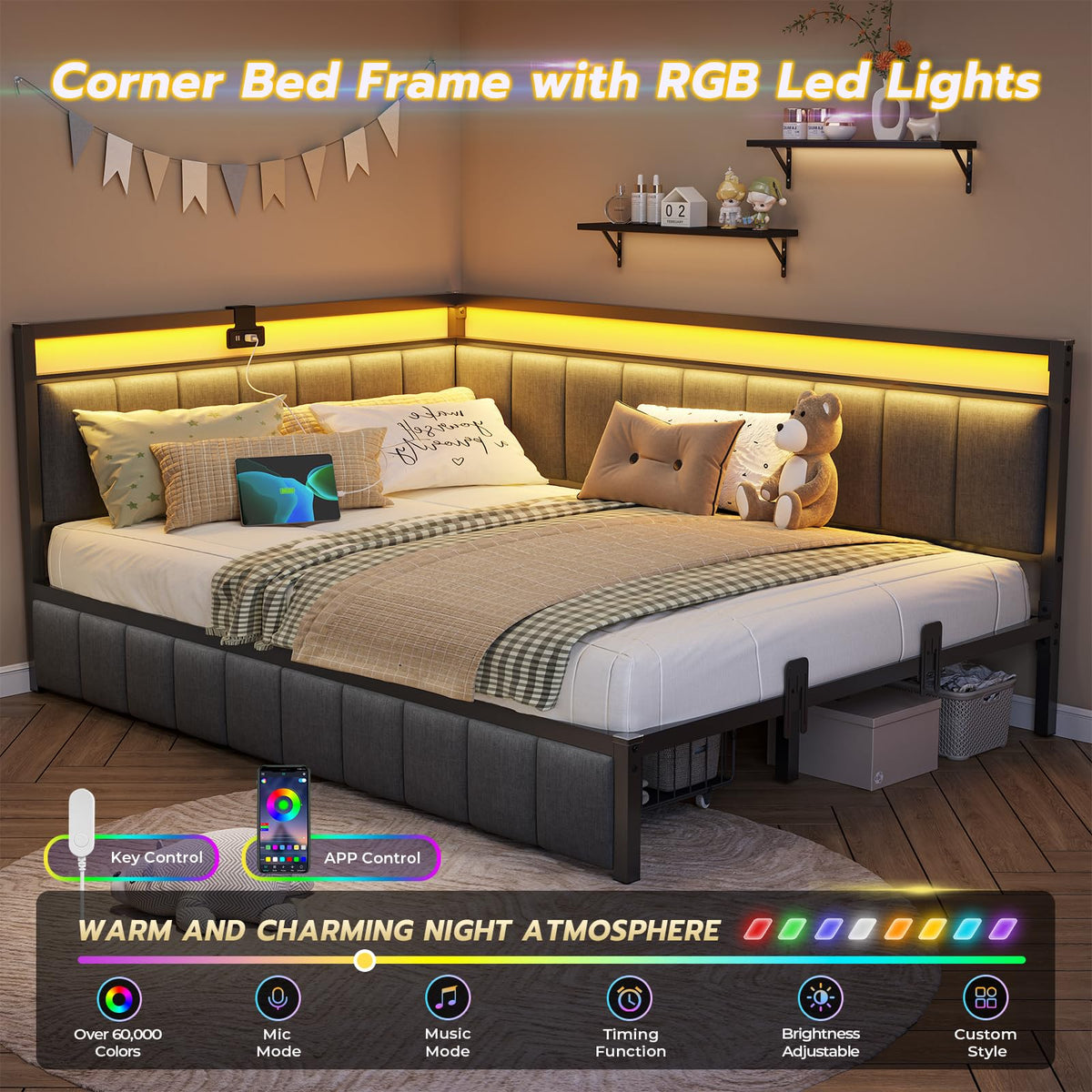 Full Size Corner Bed Frame with 2 Storage Drawers and Charging Station I882