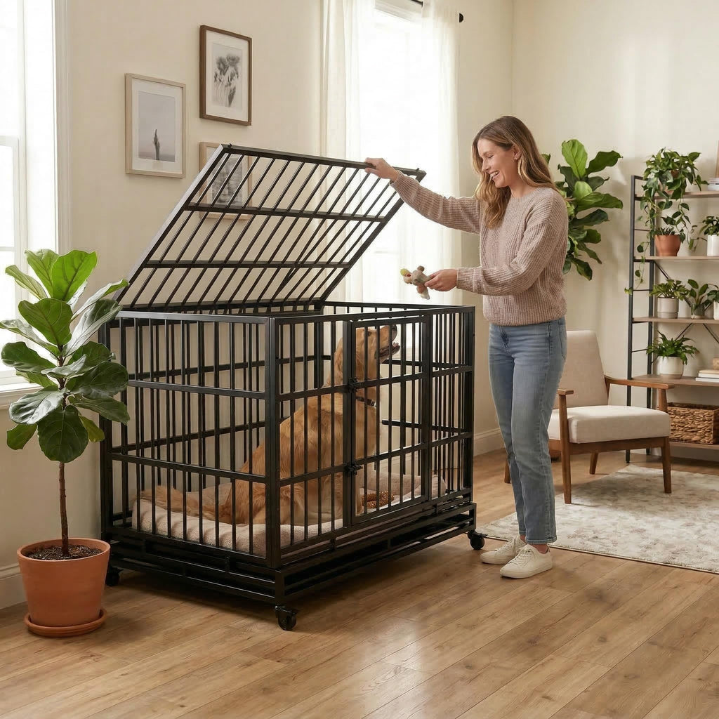48 Inch Heavy Duty Collapsible Metal Dog Crate with Wheels T246507