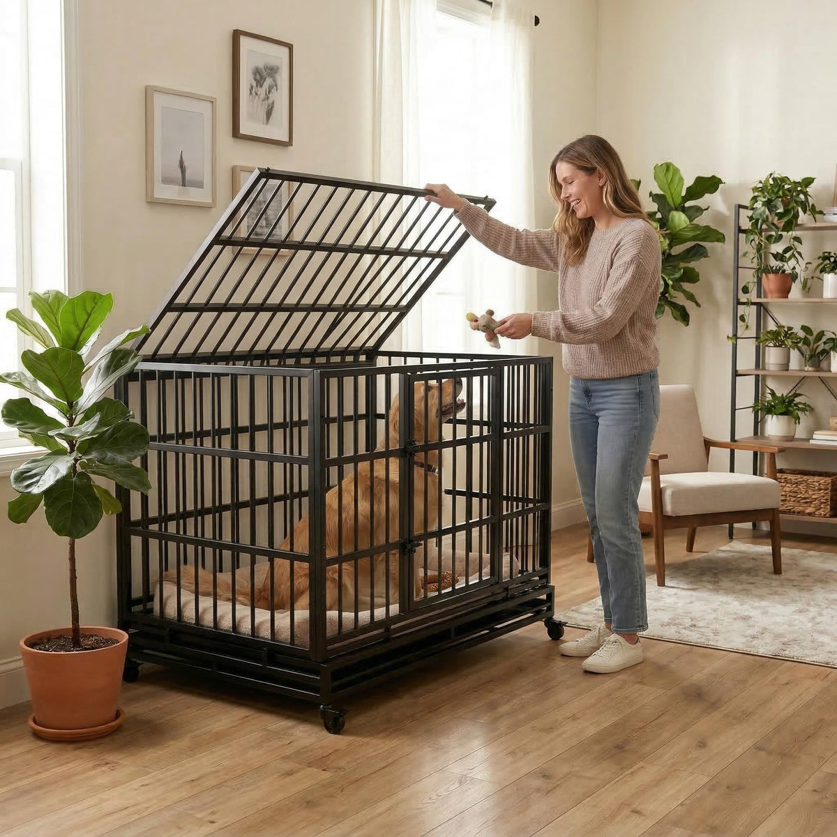 48 Inch Heavy Duty Collapsible Metal Dog Crate with Wheels T246507