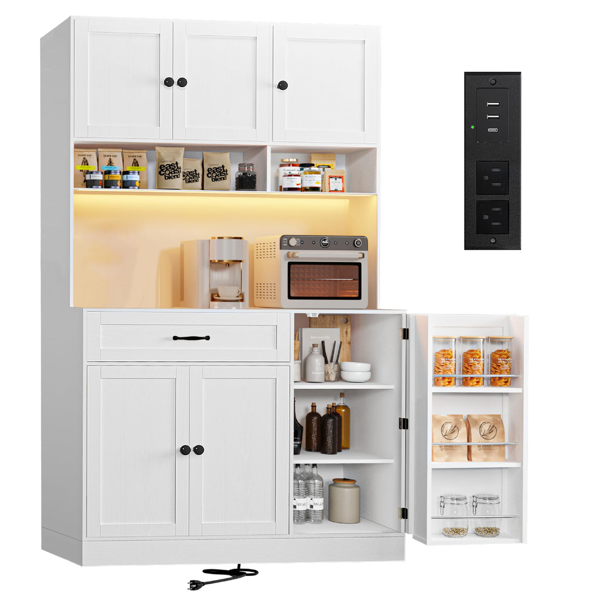 72" Kitchen Pantry Cabinet with LED Light and Charging Station B40744