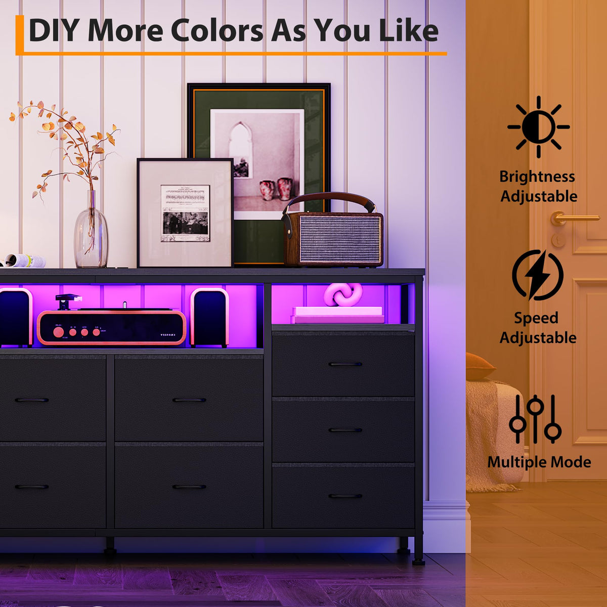 Black 10 Drawer Fabric Dresser with LED Lights & Charging Ports T92652