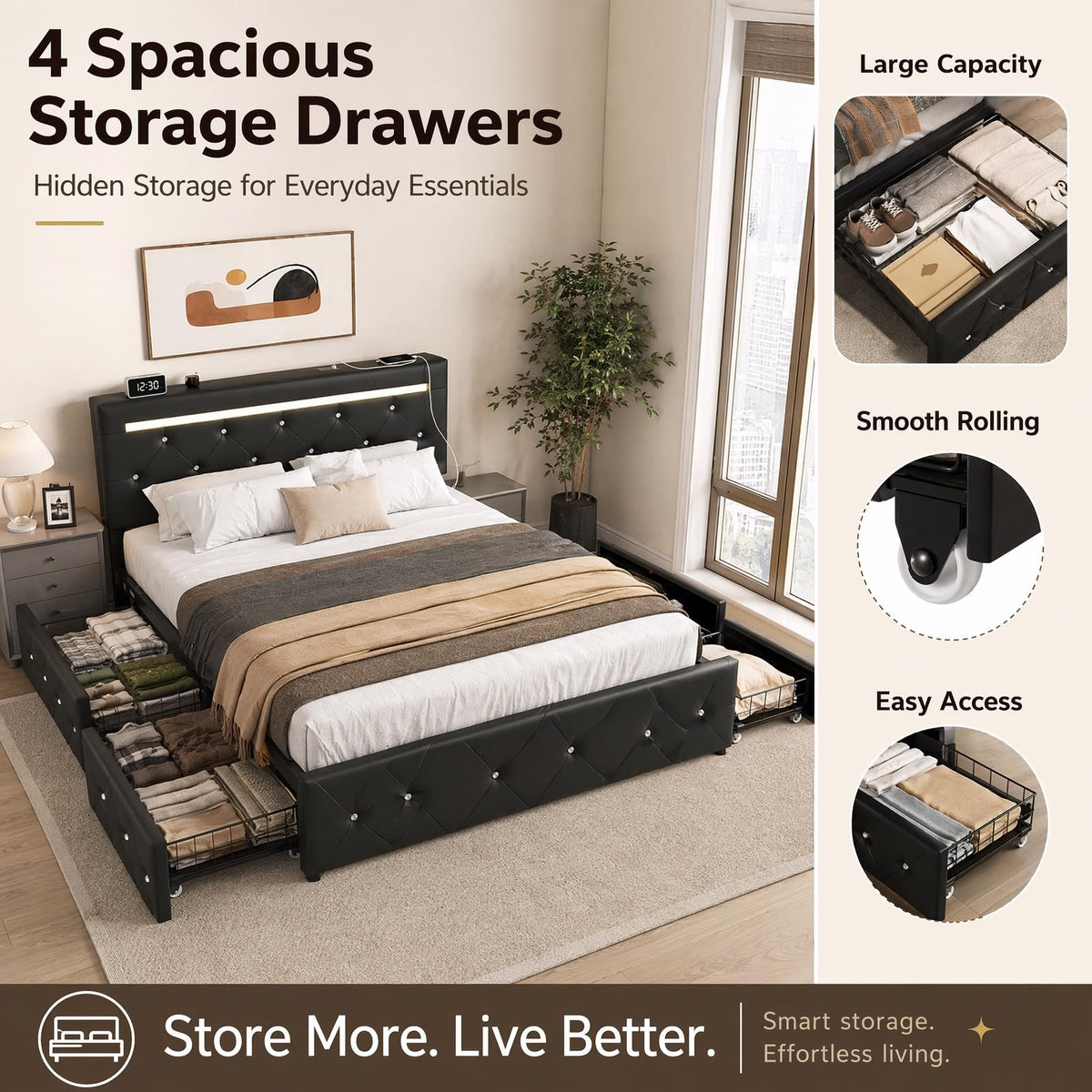 Full Upholstered Bed Frame with 4 Storage Drawers & Headboard R74278