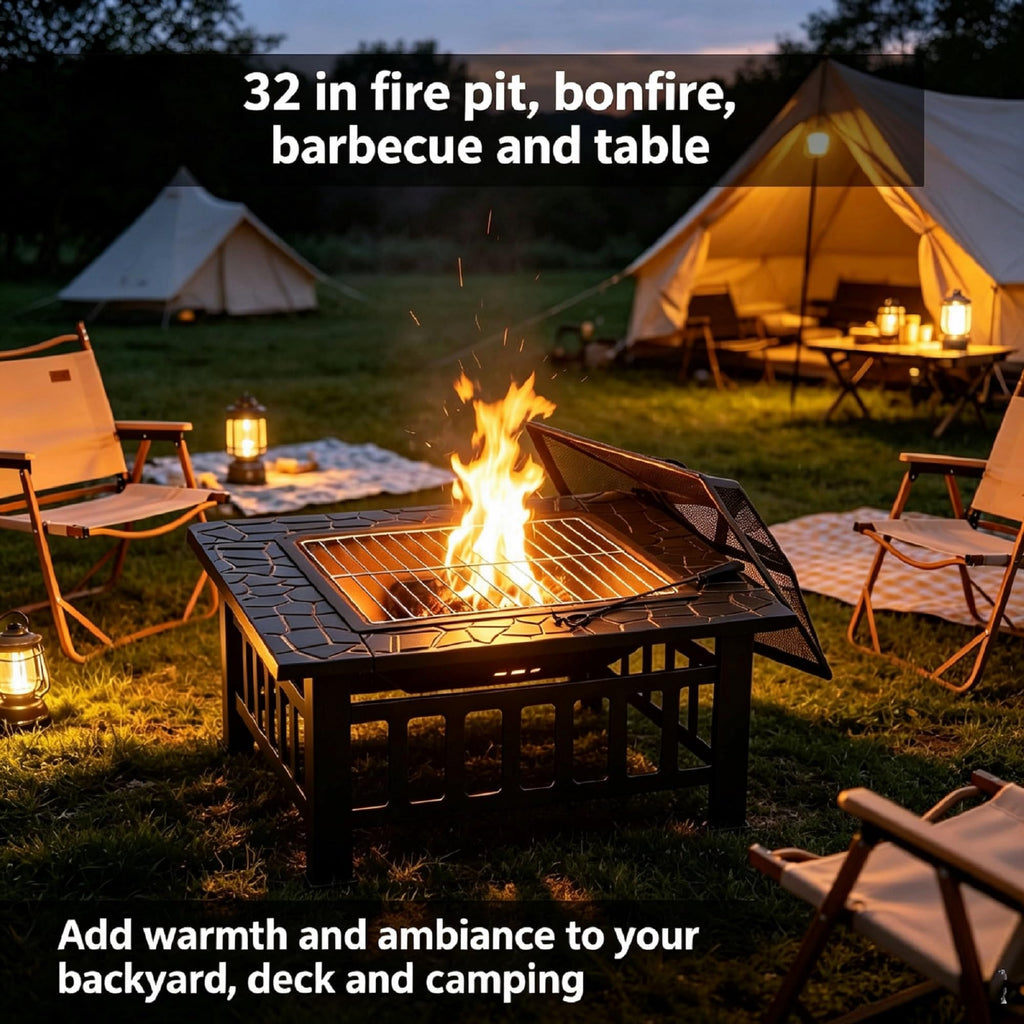 32" Square Metal Wood Burning Fire Pit Table T1507