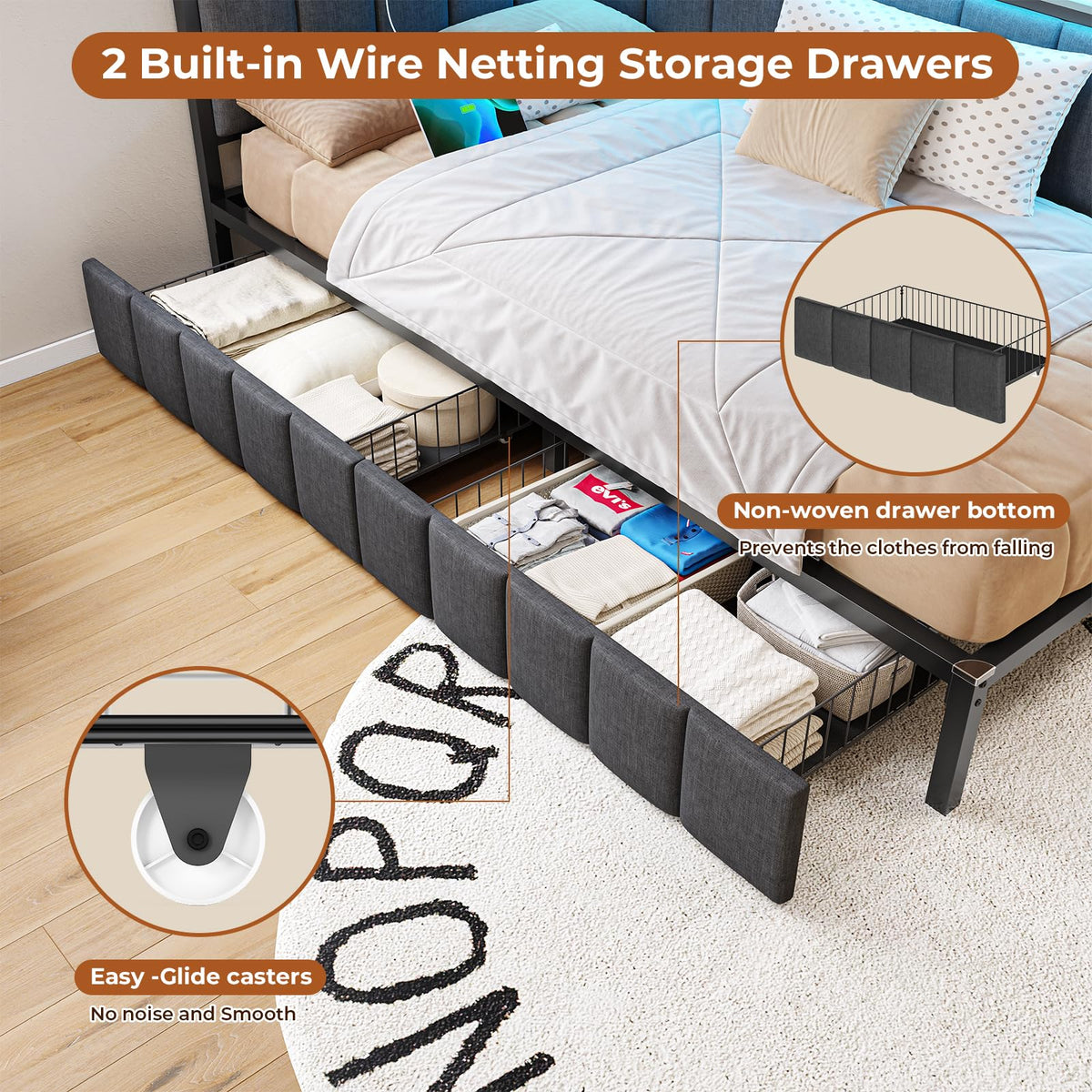 Full Size Corner Bed Frame with 2 Storage Drawers and Charging Station I882