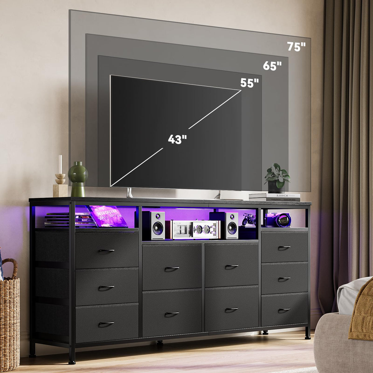 Black 10 Drawer Fabric Dresser with LED Lights & Charging Ports T92652